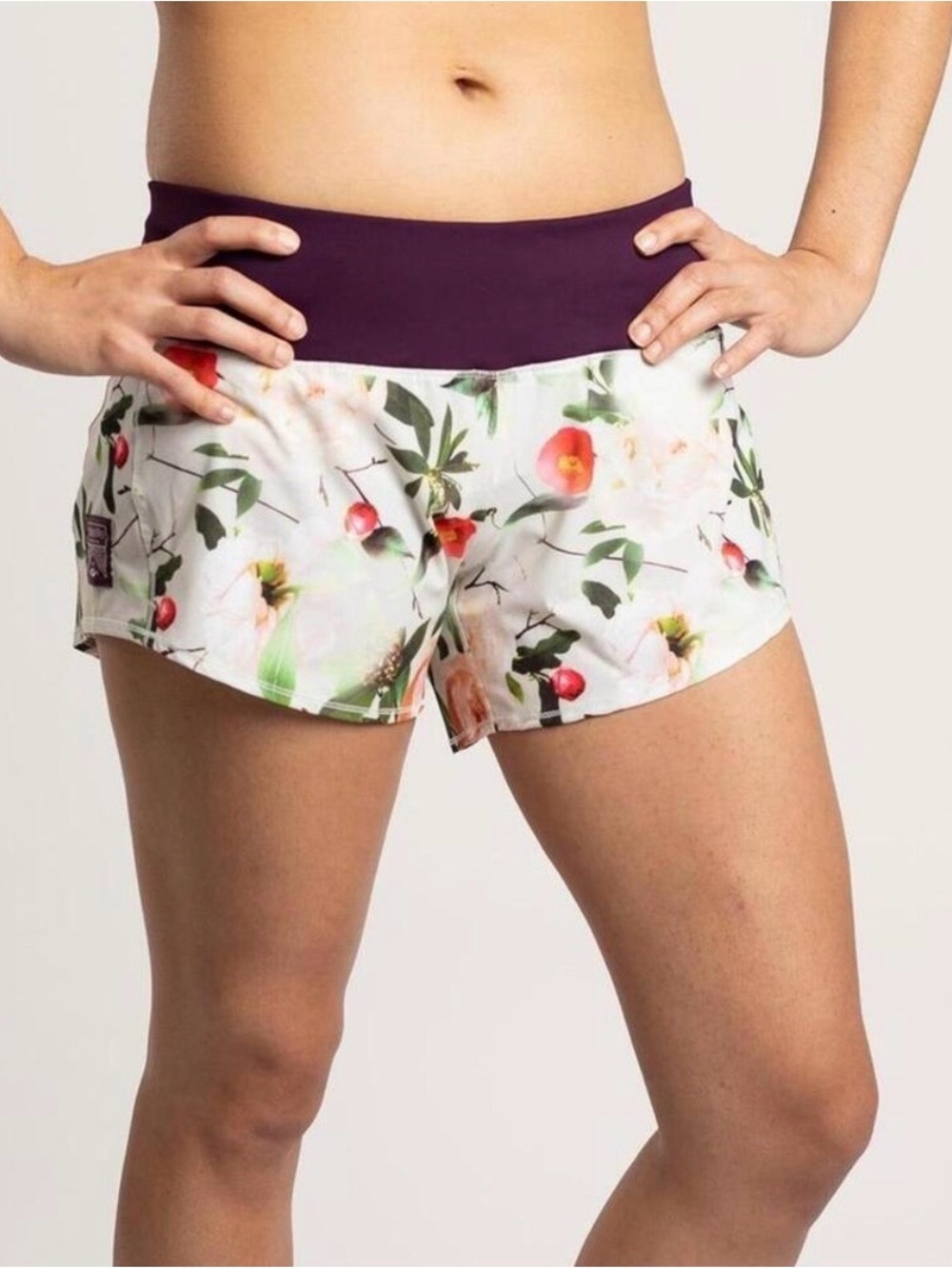 OSPREY Floral Print Athletic Shorts with Deep Plum Waistband